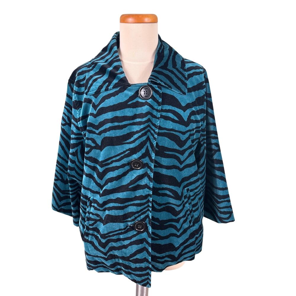 Susan Graver Style Women's Size Large Cotton Suede Blue Animal Print Coat Jacket